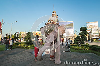 The elephant and Thai people who wearing Thai traditional style dress in parade for promoted 46th Thailand National Games. Editorial Stock Photo